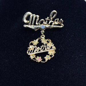 Vintage Gold Tone Rhinestone Mother Brooch With Dangling Mother Charm (5758)